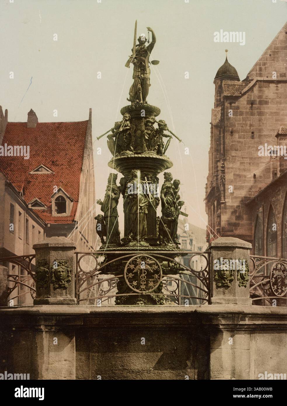 Fotochrom-Vintage-Druck von Tugendbrunnen, Nürnberg, Deutschland. Stockfoto