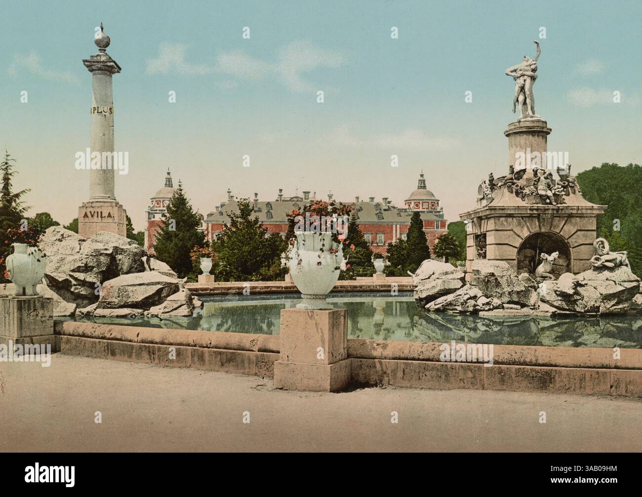 Vintage-Fotochromdruck des Herkules und Antaeus-Brunnens, Aranjuez, Spanien. Stockfoto