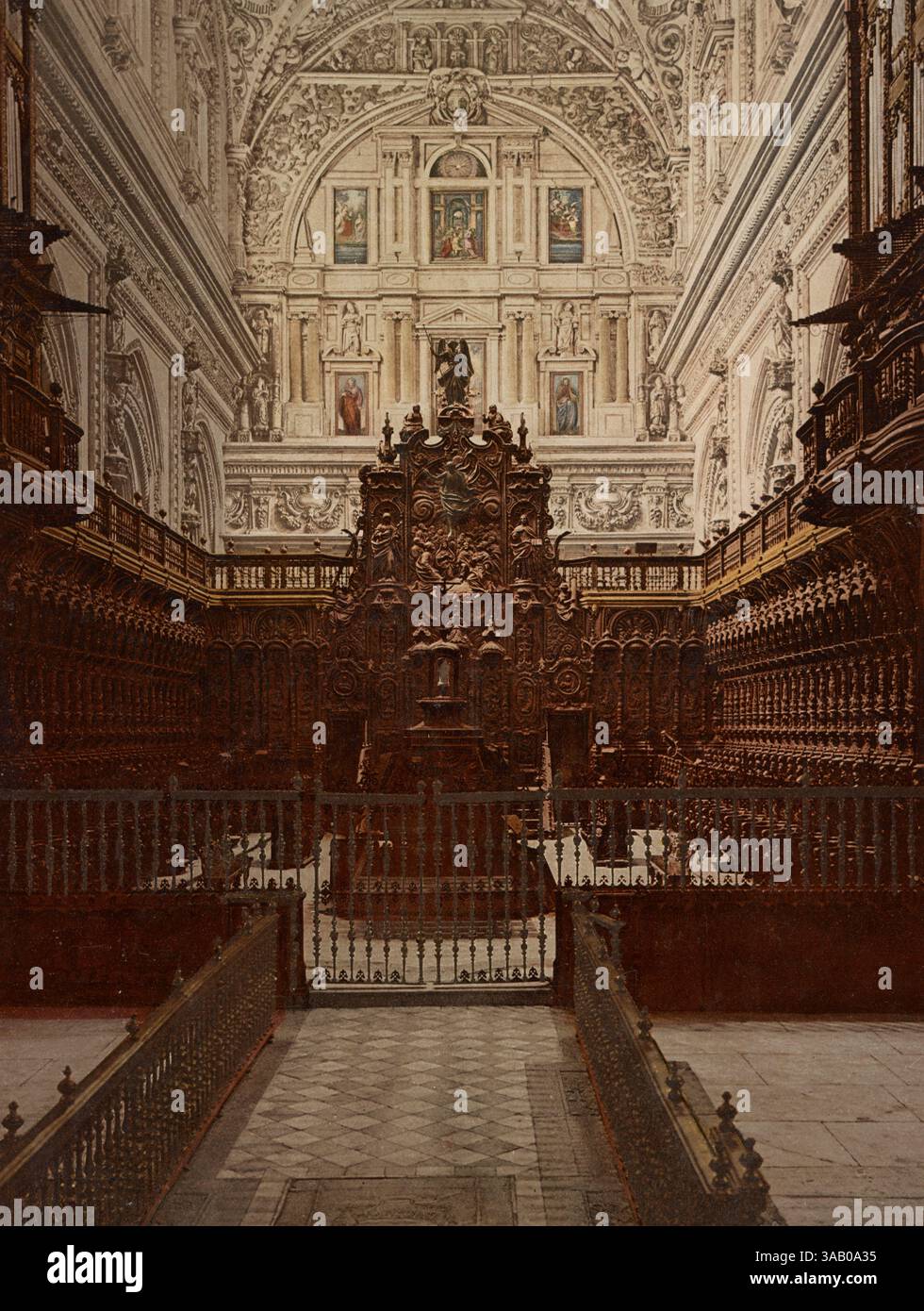 Vintage-Fotochrom-Druck des Chors in der Moschee-Kathedrale von Cordoba, Spanien. Stockfoto