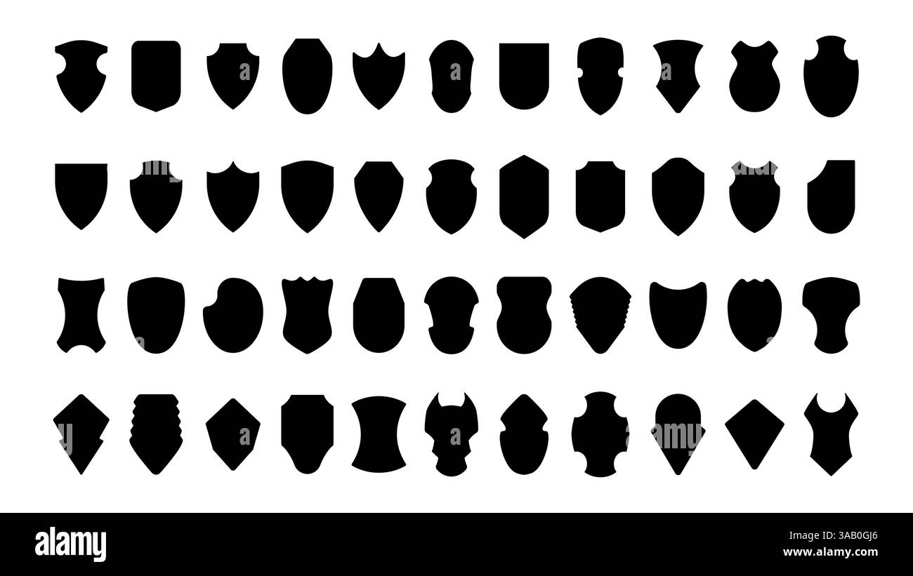 Großer Satz verschiedener Schildformen mit einfachen und dekorativen Designs. Vektorsymbole, die Schutz- und Sicherheitselemente darstellen. Modern und minimalistisch Stock Vektor