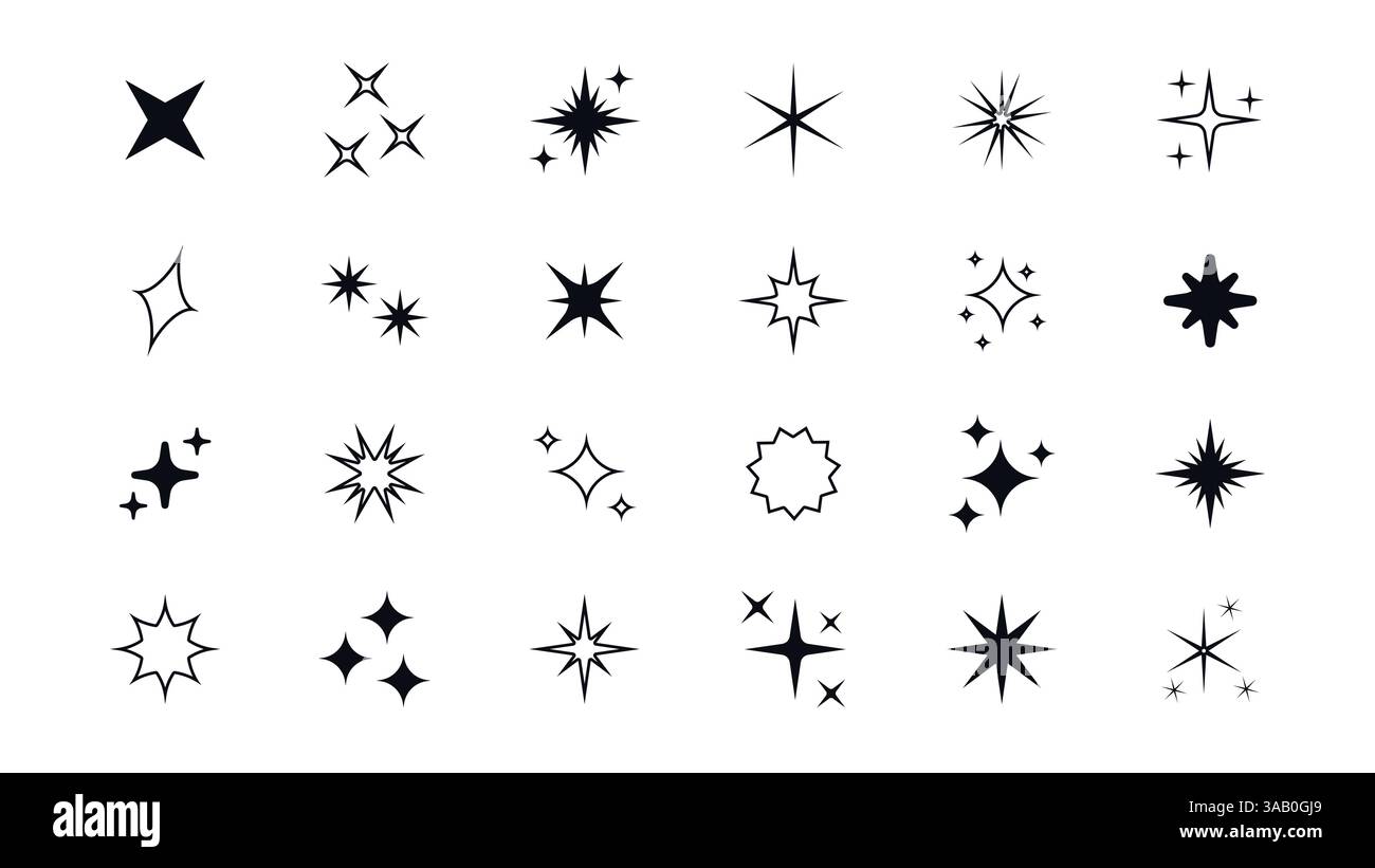 Set aus funkelnden Sternenformen mit Neonlicht. Abstrakte Vektorsymbole mit Glanzeffekt im futuristischen Retro-Stil. Funkelnde Sterne, Blitze und Explosionen für Krea Stock Vektor