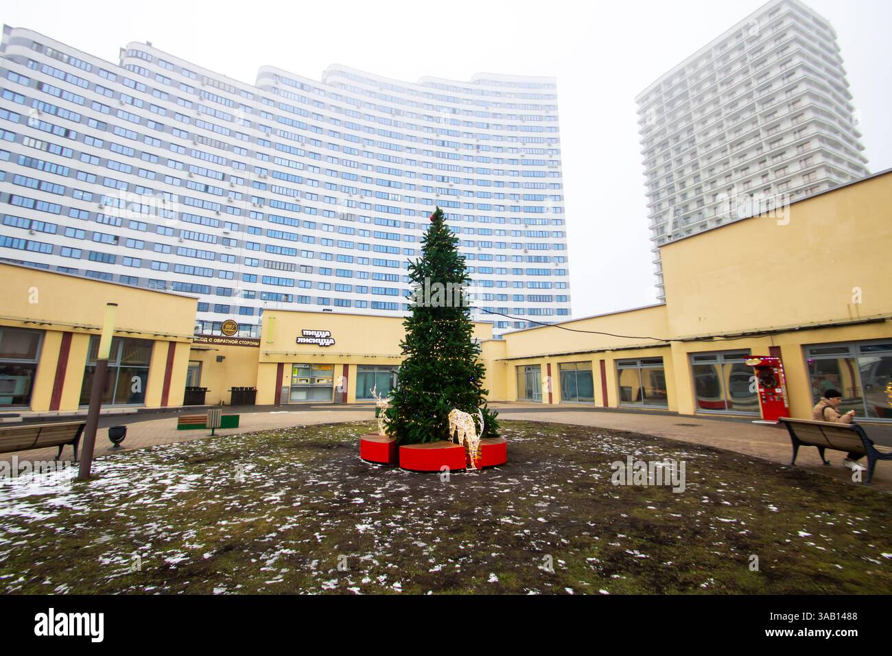 Weißrussland, Minsk - 26, 12, 2024: Ein wunderschön geschmückter Weihnachtsbaum steht majestätisch in der Mitte eines geräumigen Innenhof, direkt im Innenhof Stockfoto