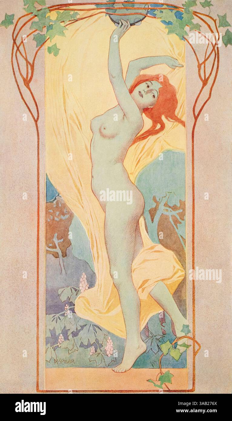 Tanzerin, Aktttänzerin gedämpfte Tonmalerei des tschechischen Künstlers Karel Spiller aus Dekorative Vorbilder XVII, 1906 Stockfoto