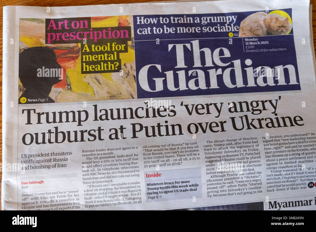 Donald 'Trump startet 'sehr wütenden' Ausbruch bei Putin über die Ukraine' die Zeitung Russland war Guardian Schlagzeile Titelseite artikel 31 März 2025 London Großbritannien Stockfoto