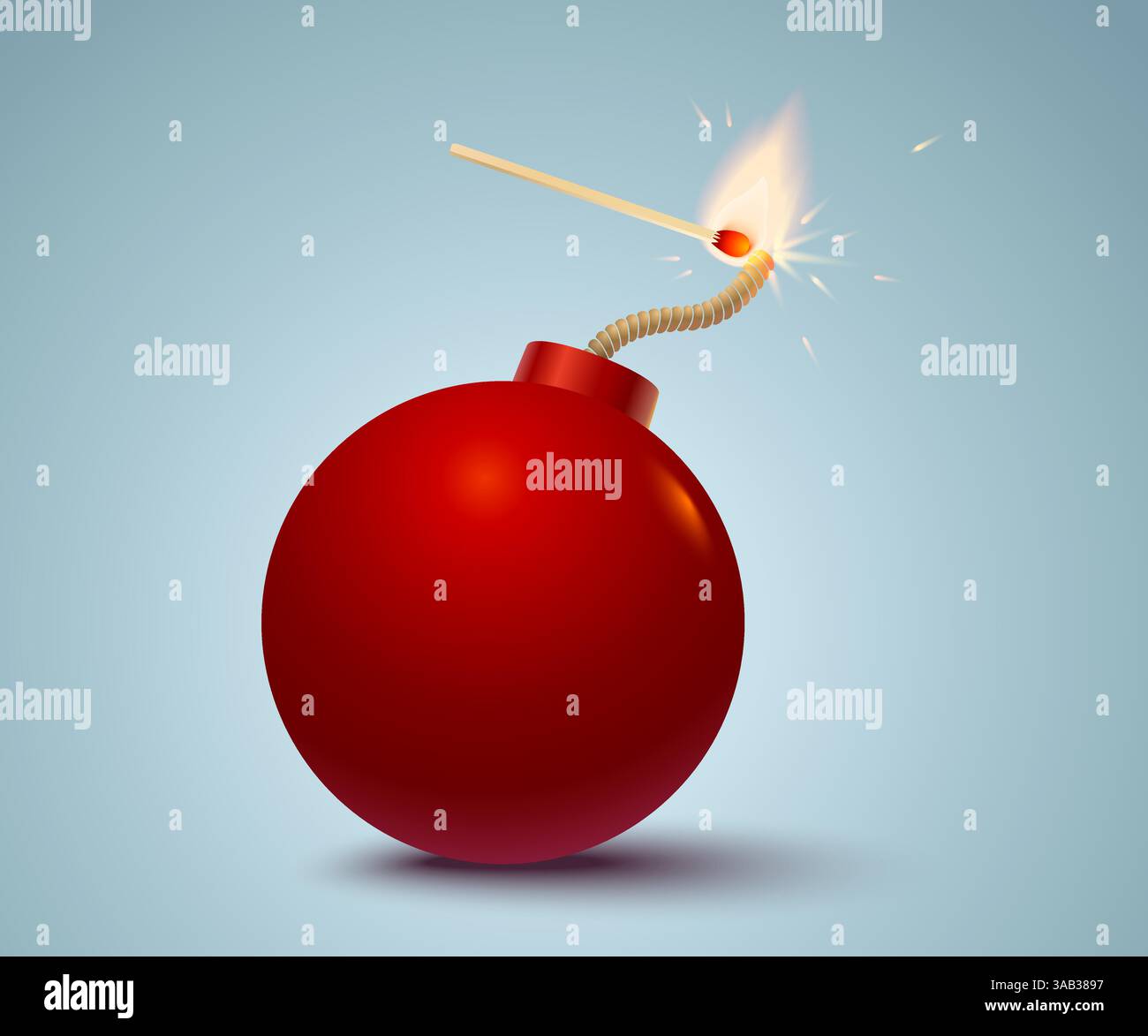 Vektor-Illustration einer roten Bombe und eines Streichers in Feuer und Funken. Bombe mit Streichholz. Kein Krieg Stock Vektor