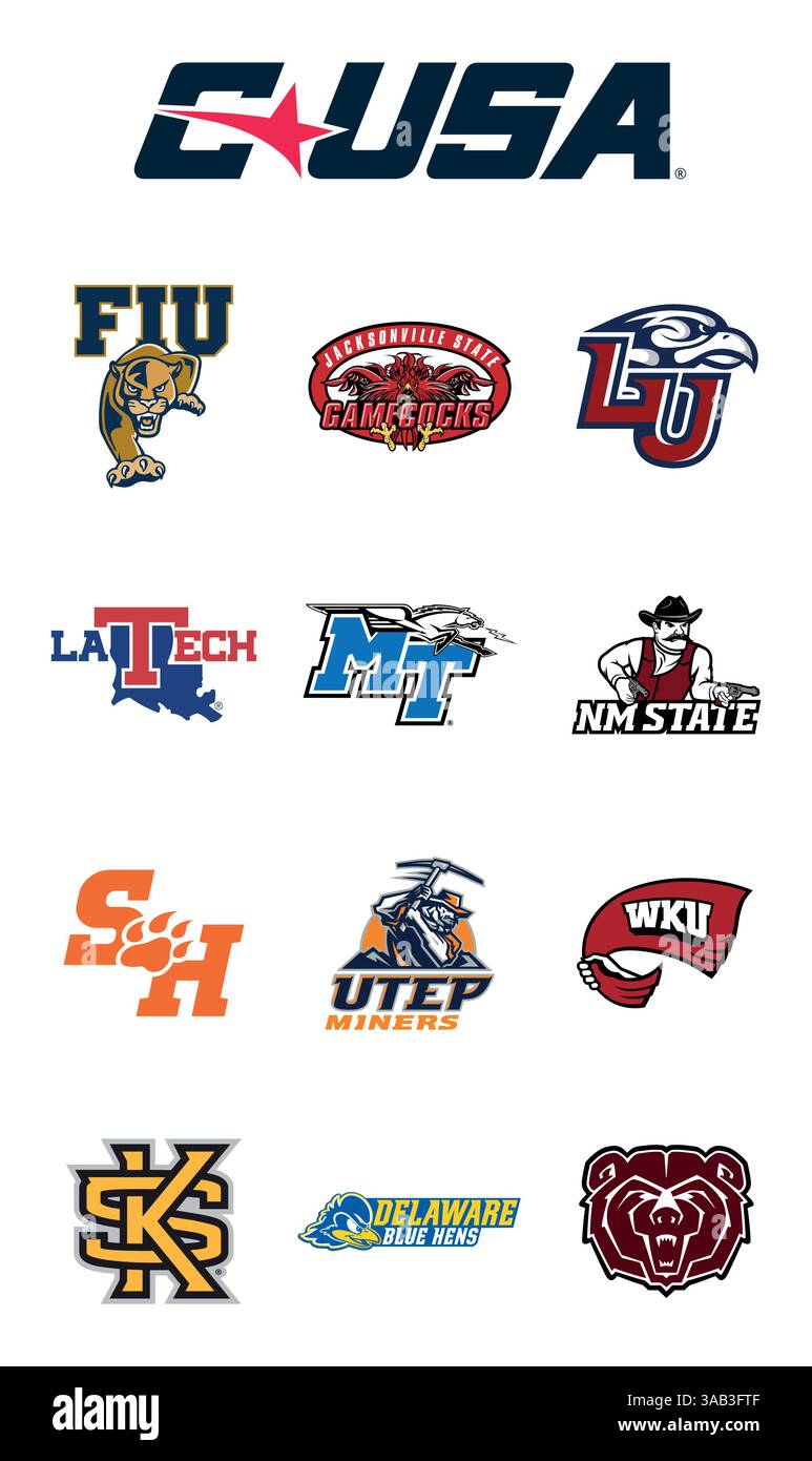 Logo der Conference USA (CUSA) und die Logos der Sportteams ihrer Mitgliedsuniversitäten, die an der NCAA Division I South and West USA Champ teilnehmen Stock Vektor