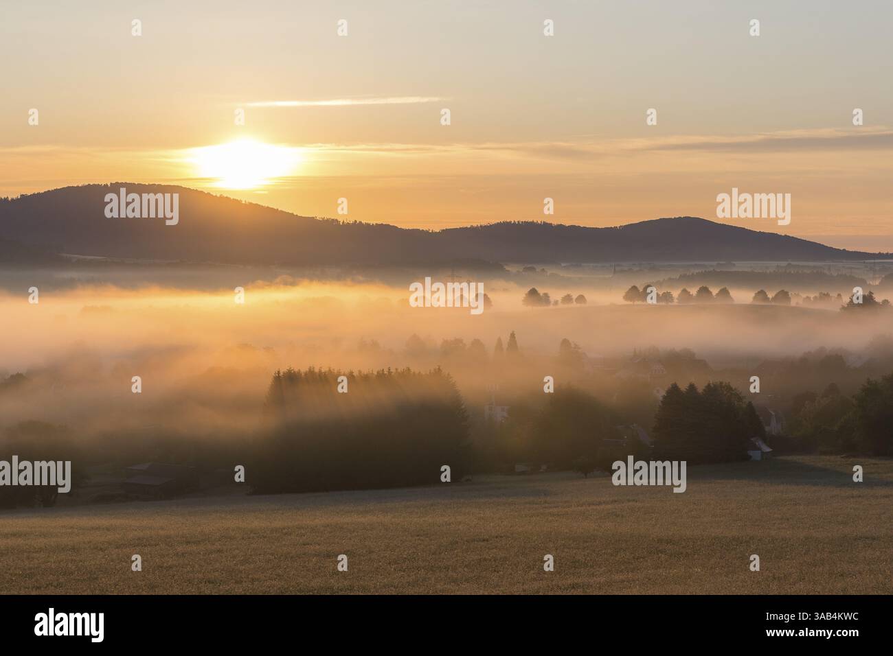 Oberlausitzer Bergland mit Nebel im Morgenlicht, Blick von Callenberg, Schirgiswalde-Kirschau, Sachsen, Deutschland, Europa Stockfoto