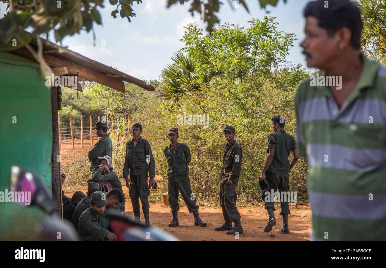 10. April 2015: Halbinsel Jaffna, Sri Lanka: Sri-lankische Soldaten beobachten, wie lokale Tamilen im Bezirk Valikamaam auf die Freilassung von Land warten. Viele haben ihre Häuser seit mehr als 26 Jahren nicht mehr gesehen. Der Sri-lankische Bürgerkrieg begann am 23. Juli 1983 und war ein Aufstand gegen die Regierung der Liberation Tigers of Tamil Eelam (LTTE oder Tamil Tigers), die für einen unabhängigen tamilischen Staat Tamil Eelam kämpften. Nach einem 26-jährigen Krieg und schätzungsweise 40.000 zivilen Toten besiegte die srilankische Armee am 2009. Mai die Tamil Tigers. Viele Tamilen wurden während des 26-jährigen Krieges vertrieben, ihre einst Stockfoto