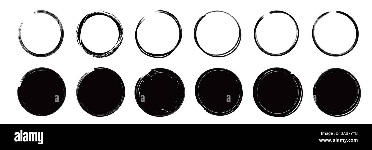 Pinselstrich Textur Kreis handgezeichnetes Elementset. Handgezeichneter Pinselstrich Kalligraphie-Rohlinienrahmen. Textur Kontur Kreis Hintergrund. Abstrakter Grunge-Stil mit Flecken. Vektorabbildung Stock Vektor
