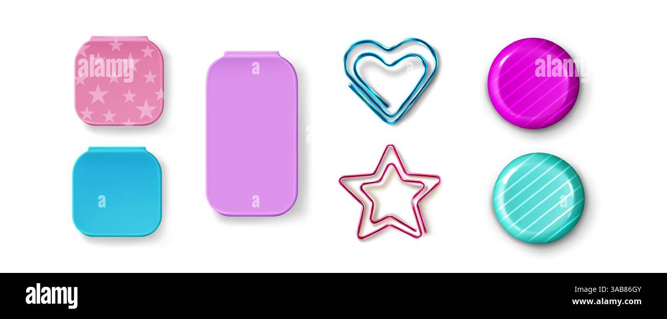 Bunte Büroklammern isoliert auf weiß - Stern- und herzförmige Klammern, Standard-abgerundeter Verschluss. Farbenfrohes Bürozubehör für Bindungsbögen. Niedliches Schreibwarenset. Stock Vektor