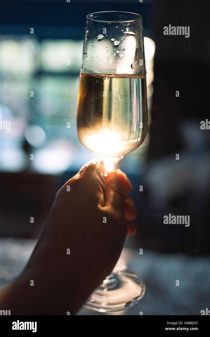 Nahaufnahme einer weiblichen Hand, die ein elegantes Glas Champagner mit Toast hält. Eine Frau hält eine Tasse Sekt in den Strahlen der untergehenden Sonne A Stockfoto