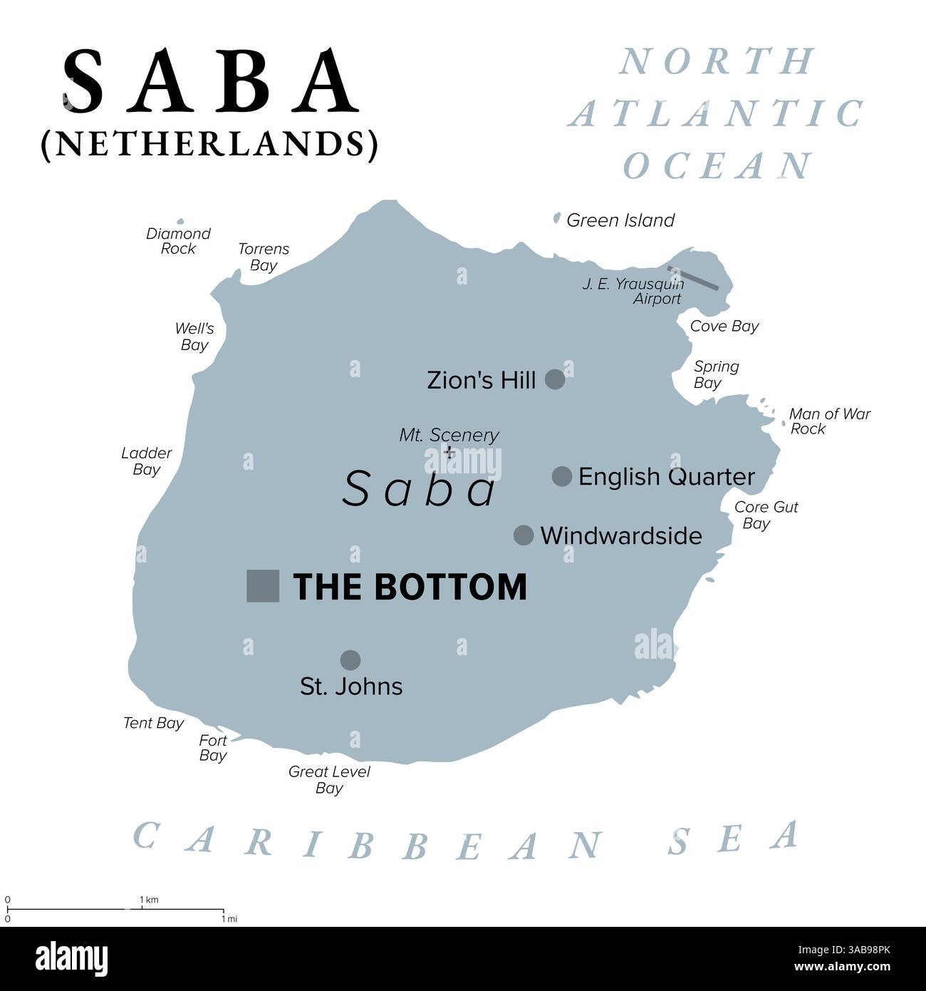 Saba, Insel der Karibik, Niederlande, graue politische Karte mit Hauptstadt unten. Das Hotel liegt auf den nördlichen Leeward Islands, Teil Westindiens. Stockfoto