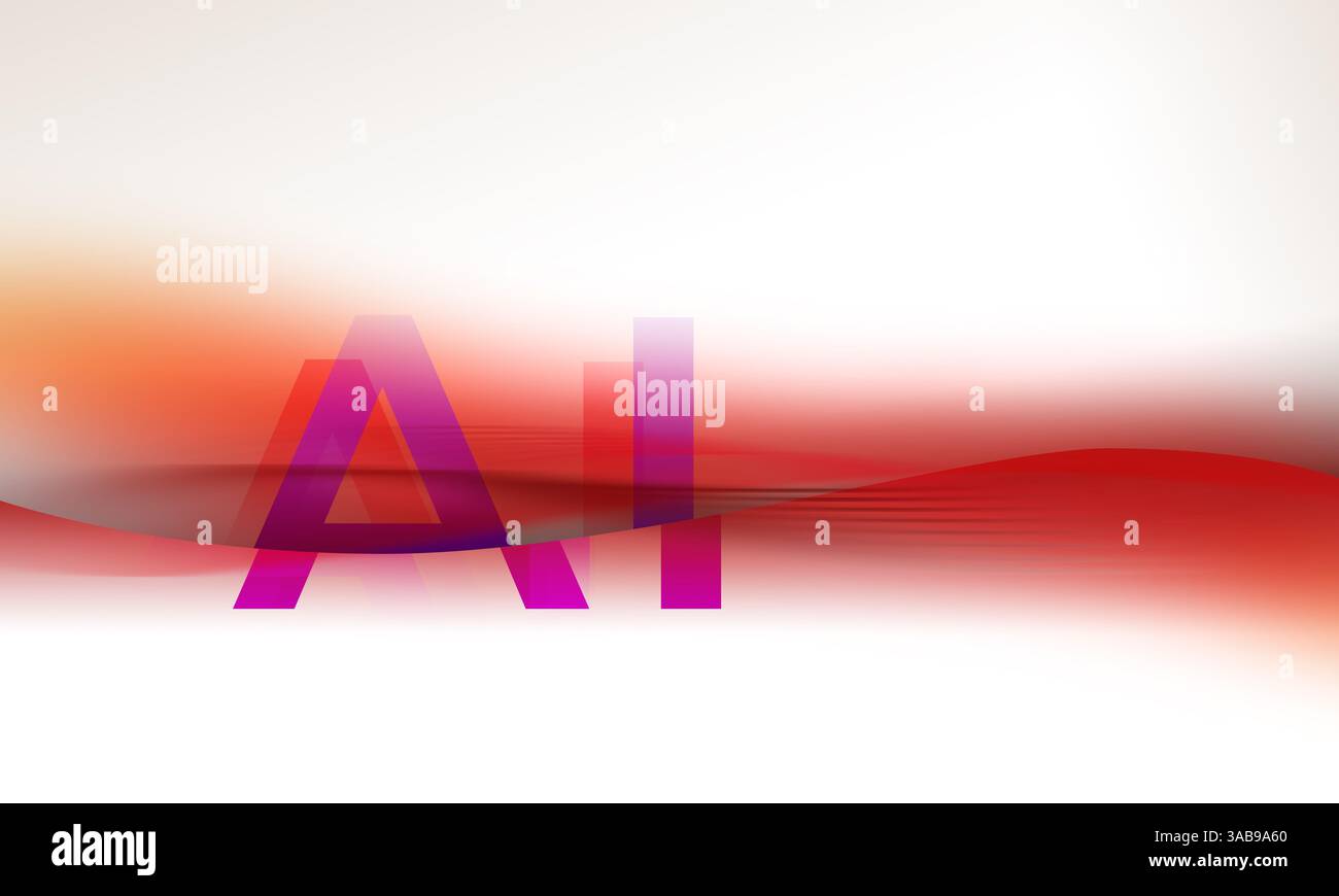 Eine lebendige Komposition mit auffälliger KI-Typografie vor dem Hintergrund fließender roter und oranger Wellen. Perfekt für Innovationen und digitale Medien Stockfoto