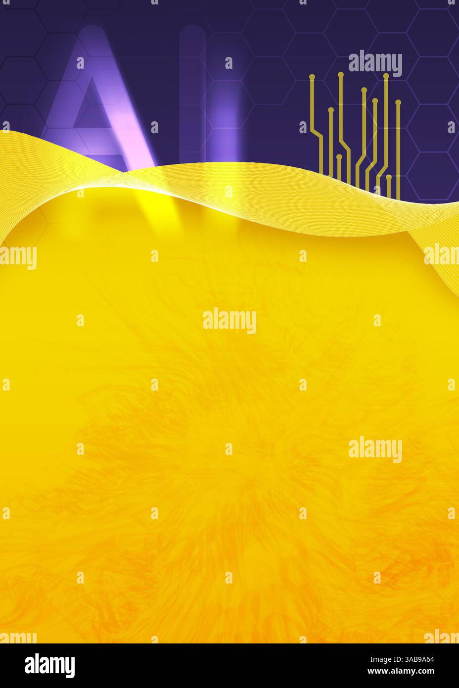 Ein lebendiges digitales Kunstwerk mit einer gelben und violetten Farbpalette mit künstlichen Intelligenzsymbolen, einschließlich Schaltungsmustern und dem Buchstaben Stockfoto