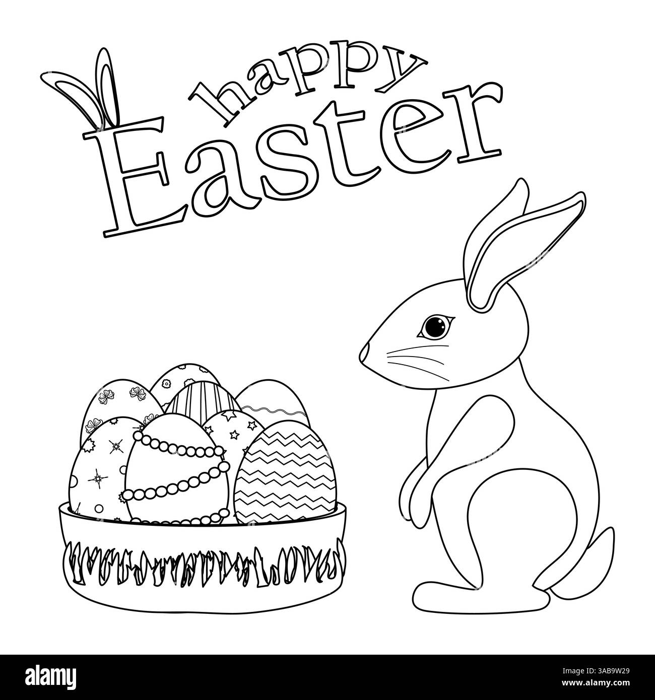 Schwarz-weiße Malseite mit einem Osterhasen neben einem Korb mit verzierten Ostereiern und - Happy Easter - Text. Weißes Kaninchen. Stock Vektor
