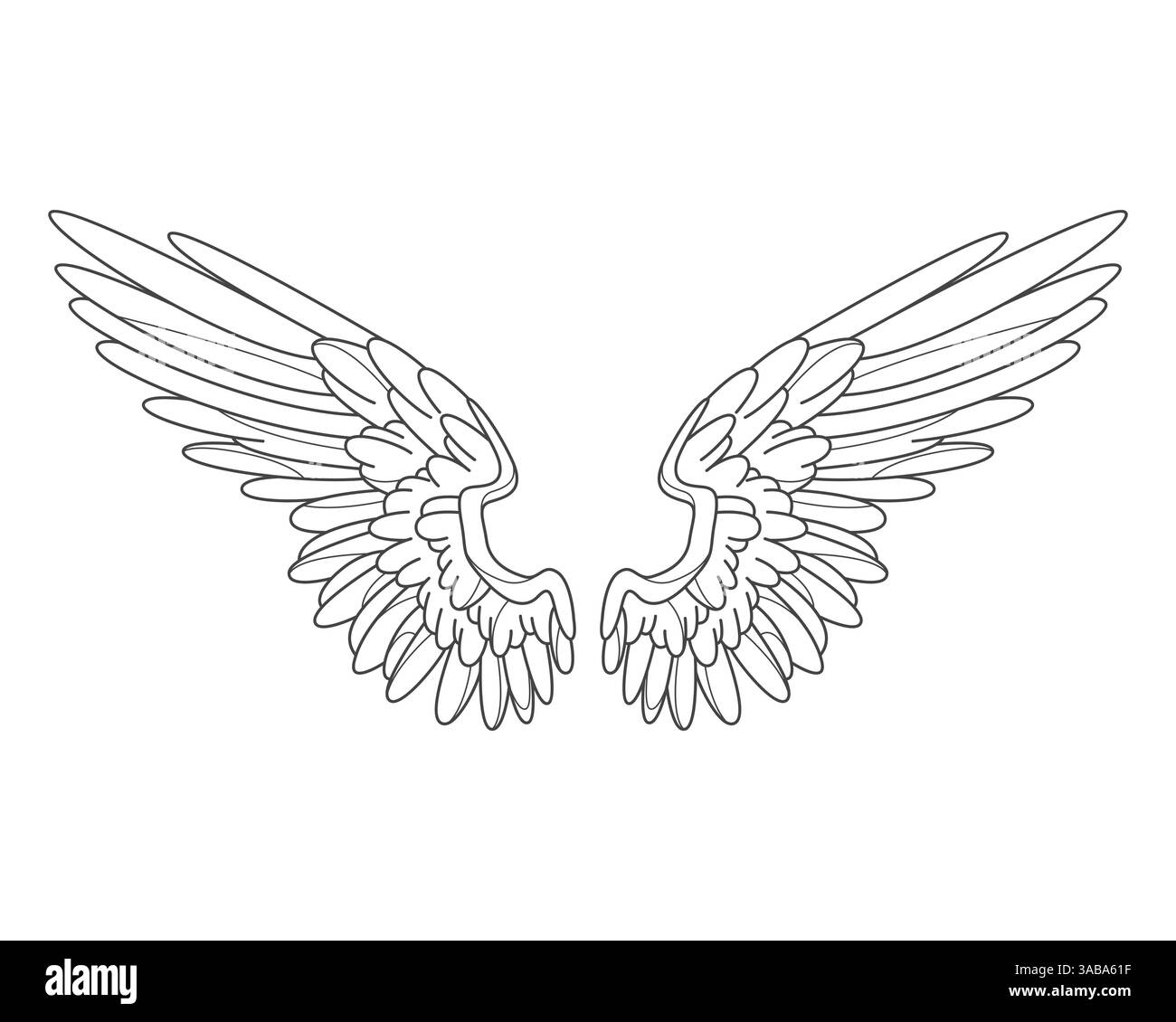 Dekorative Engelsflügel oder Vogelfederkontur. Vektor-Engel oder göttlich, spirituell oder Himmel, Freiheit und Flug Tattoo. Phoenix- oder Adlerelement. Stock Vektor