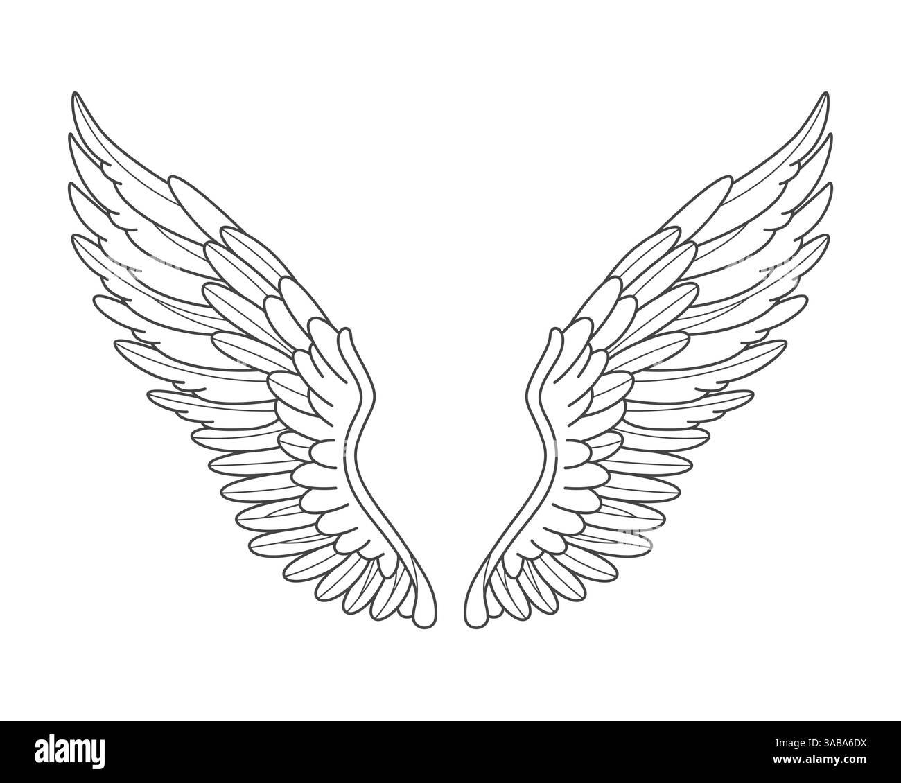 Engelhafte isolierte Flügel. Vektorelement für Vögel oder fliegende Tiere. Luftiges Federemblem. Kontur- oder Umrissform für göttliche oder spirituelle Tätowierungen. Stock Vektor