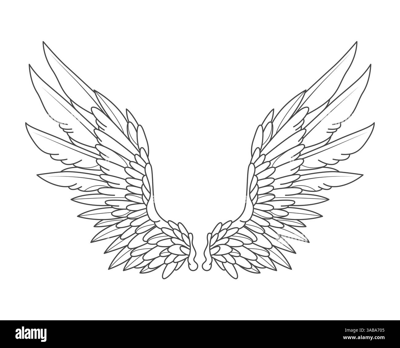 Vektor-Engelsflügel oder dekorative Vogelfeder. Vektor-Symbol für heraldische oder mittelalterliche Symbole. Himmlisches oder ätherisches Umrisselement. Kontur für heilige Tätowierungen. Stock Vektor