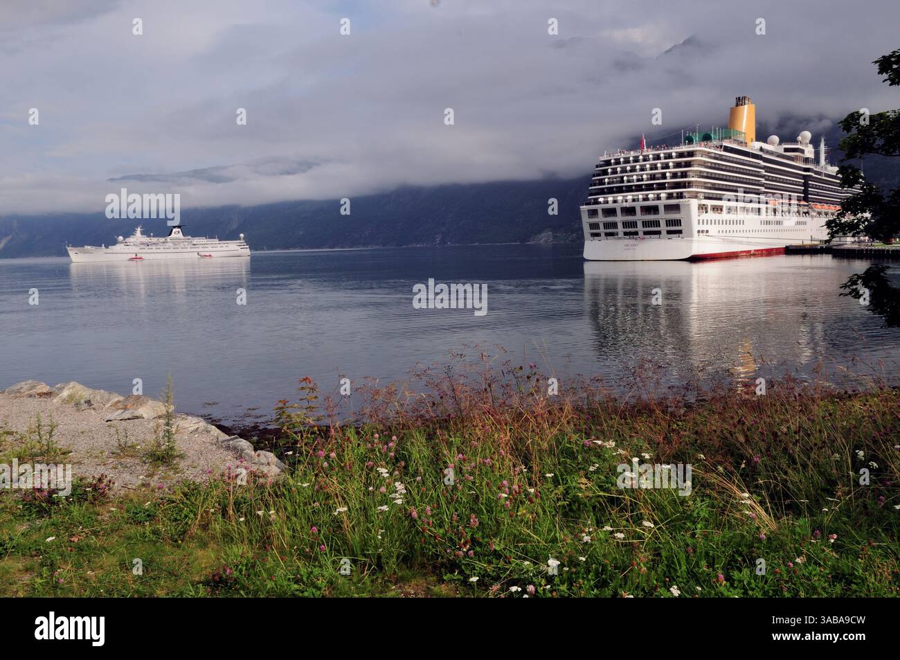Das Kreuzfahrtschiff Prinzessin Daphne ankerte 2011 im Hardangerfjord im Eidfjord in Westnorwegen, mit dem P&O Kreuzfahrtschiff Arcadia am Kai. Stockfoto