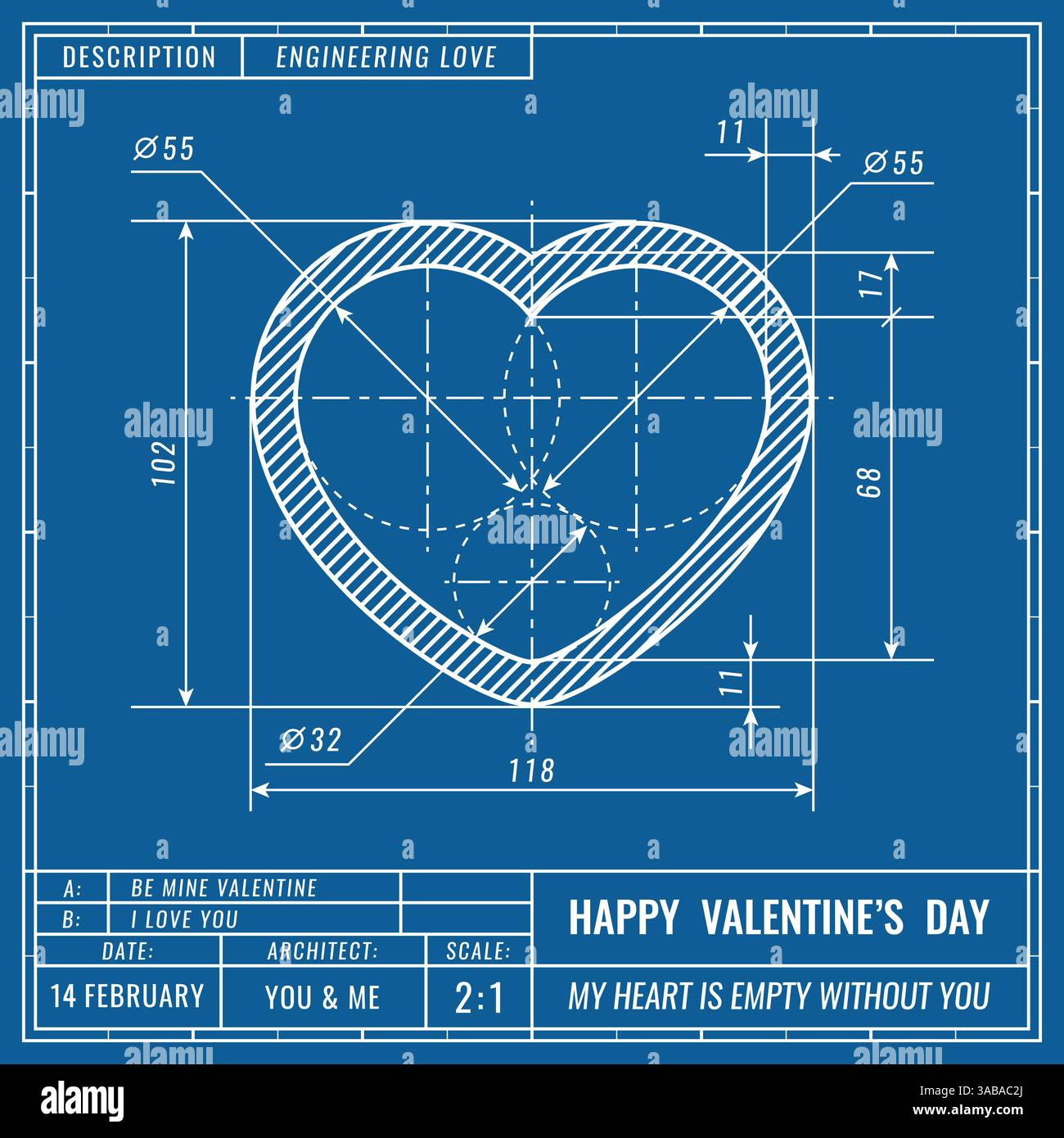 Das Herzzeichen als technische Blaudruckzeichnung. Technisches Konzept zum Valentinstag. Maschinenbauzeichnungen. Valentinstag Vektor-Banner, Cover, Pos. Stock Vektor