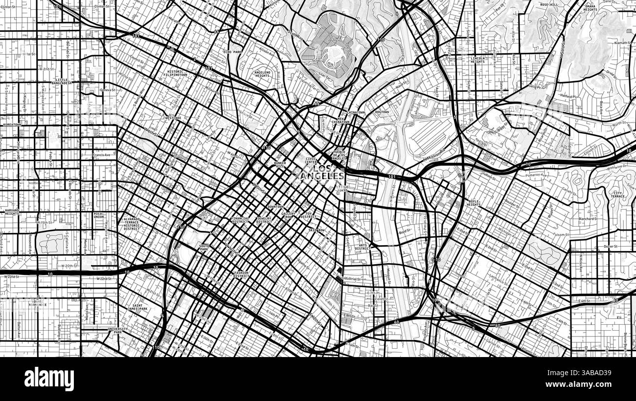 Minimalistische Straßenkarte von Los Angeles mit Labels und Stadtvierteln mit vielen Details für Stadtstraßen, Wege und Flecken. Stockfoto