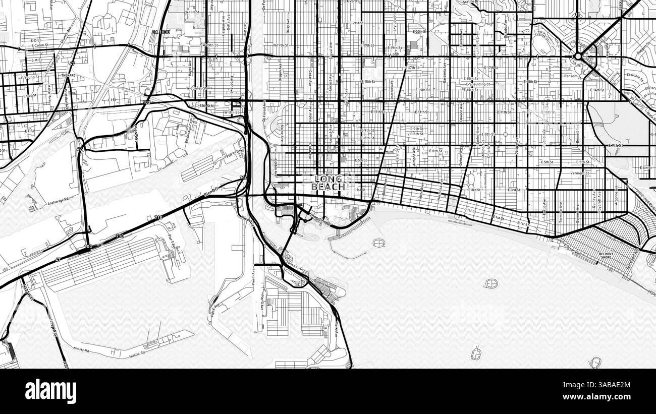 Minimalistische Long Beach Street Map mit Labels und Stadtvierteln mit vielen Details für Stadtstraßen, Wege und Flecken. Stockfoto