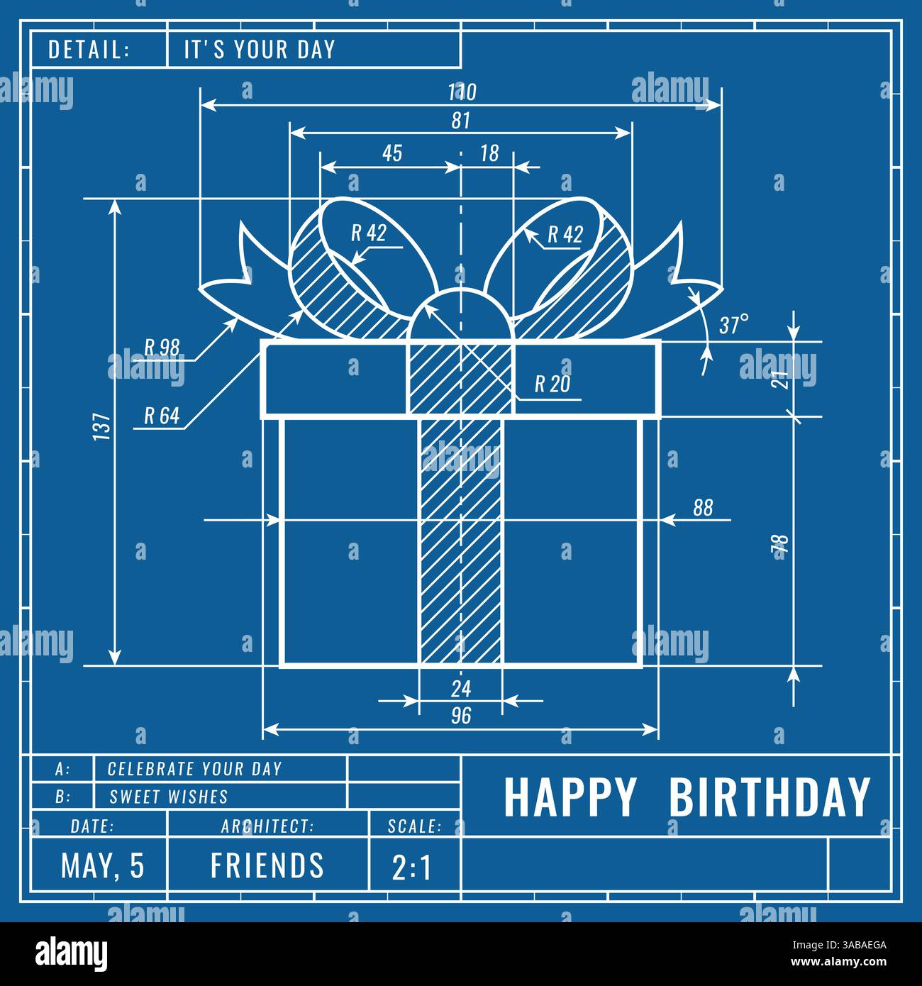 Geschenkbox als technische Bauzeichnung. Geburtstagstechnisches Konzept. Technische Zeichnungen für den Maschinenbau. Vektorbanner, Cover, Poster, Flyer oder Stock Vektor