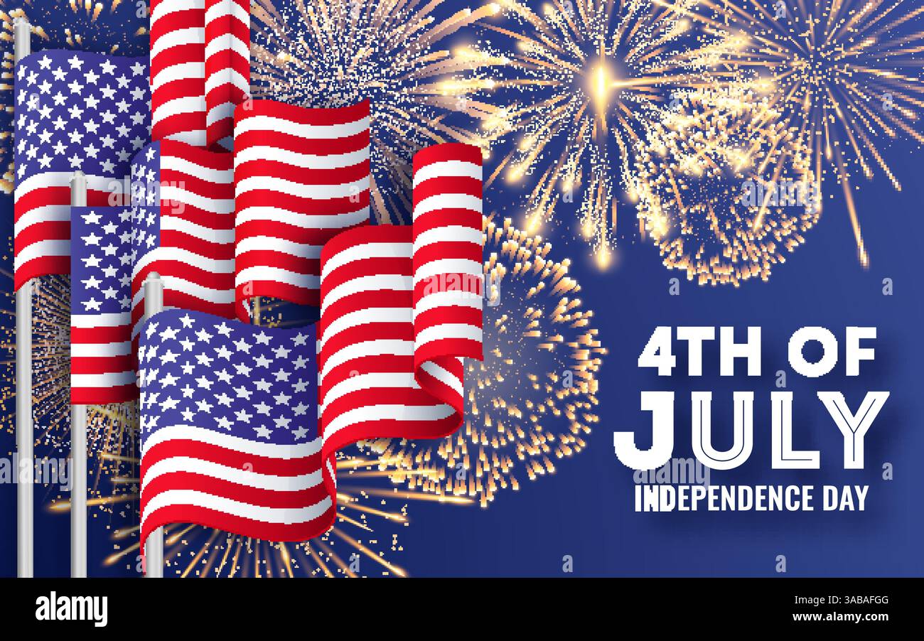 USA Unabhängigkeitstag. Großes Vektorbanner mit amerikanischen Nationalflaggen und Feuerwerk. Vorlage für Poster „4. von Juli“ Stock Vektor
