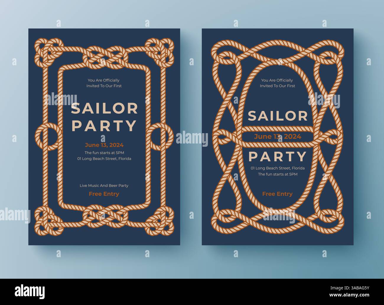 Zwei nautische Vektorvorlagen. Seilrahmenrand. Grafikelement für Grußkarte, Poster, Flyer, Banner, Einladung usw. Stock Vektor