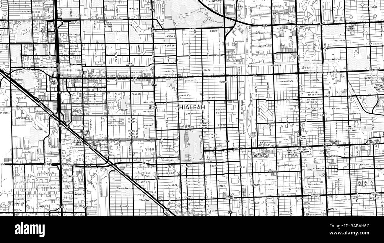 Minimalistische Hialeah Street Map mit Labels und Stadtvierteln mit vielen Details für städtische Straßen, Wege und Flecken. Stockfoto