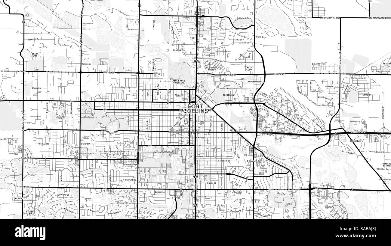 Minimalistische Fort Collins Street Map mit Labels und Stadtvierteln mit vielen Details für Stadtstraßen, Wege und Flecken. Stockfoto