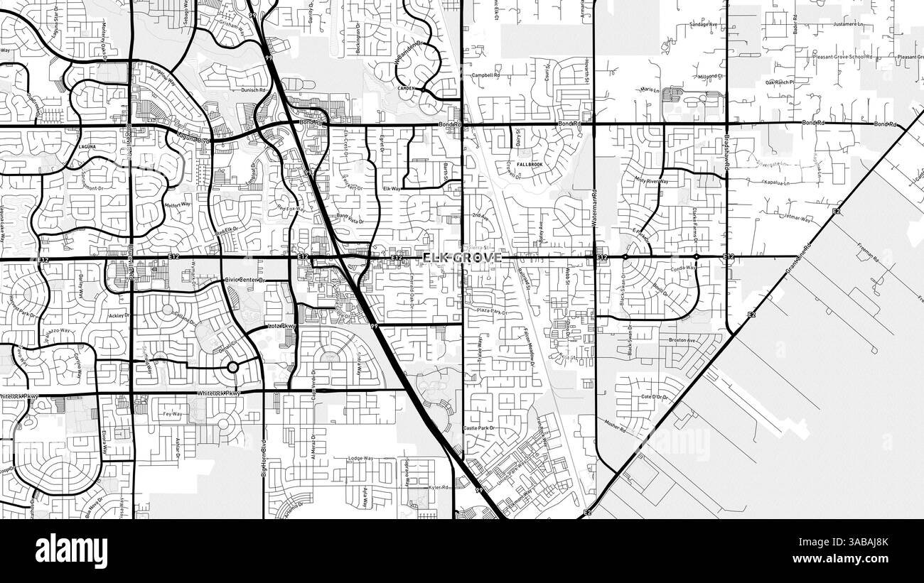 Minimalistischer Elk Grove Street Map mit Labels und Stadtvierteln mit vielen Details für Stadtstraßen, Wege und Landstriche. Stockfoto