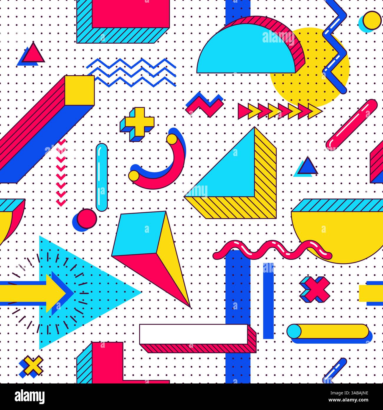 Nahtloses Vektor-memphis-Muster. Abstrakte 90s-Trends für Elemente mit mehrfarbigen einfachen geometrischen Formen. Formen mit Dreiecken, Kreisen, Linien Stock Vektor