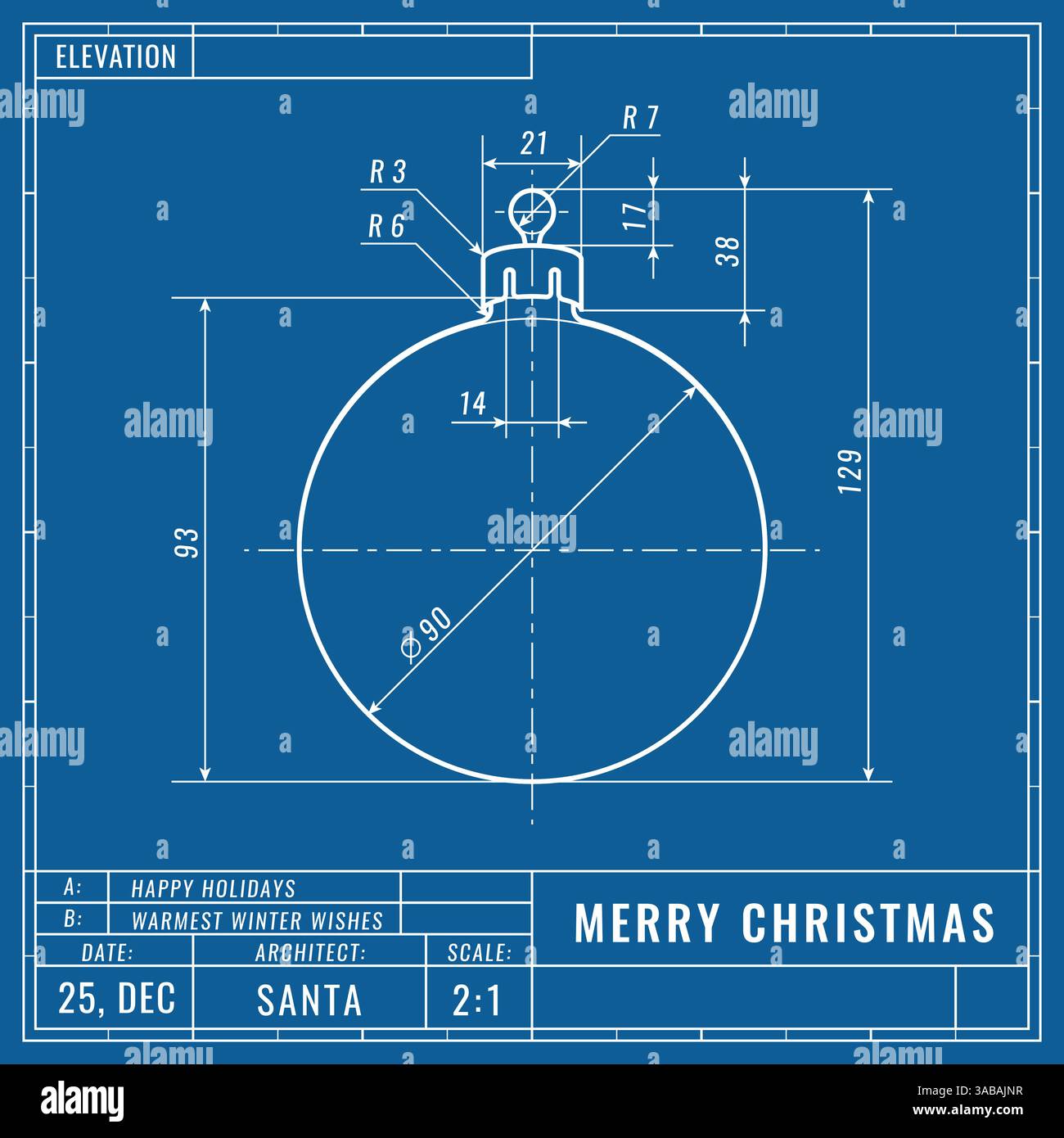 Weihnachtskugel als technische Blaudruckzeichnung. Weihnachtliches technisches Konzept. Maschinenbauzeichnungen. Weihnachten und Neujahr Banner, Cover, Pos. Stock Vektor