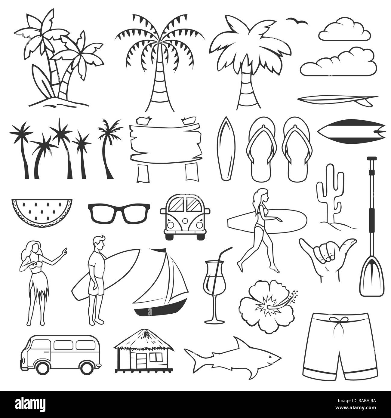 Handgezeichnete Symbole und Objekte im Sommer. Set von Sommer Zeit Vektor Strand Elemente Stock Vektor