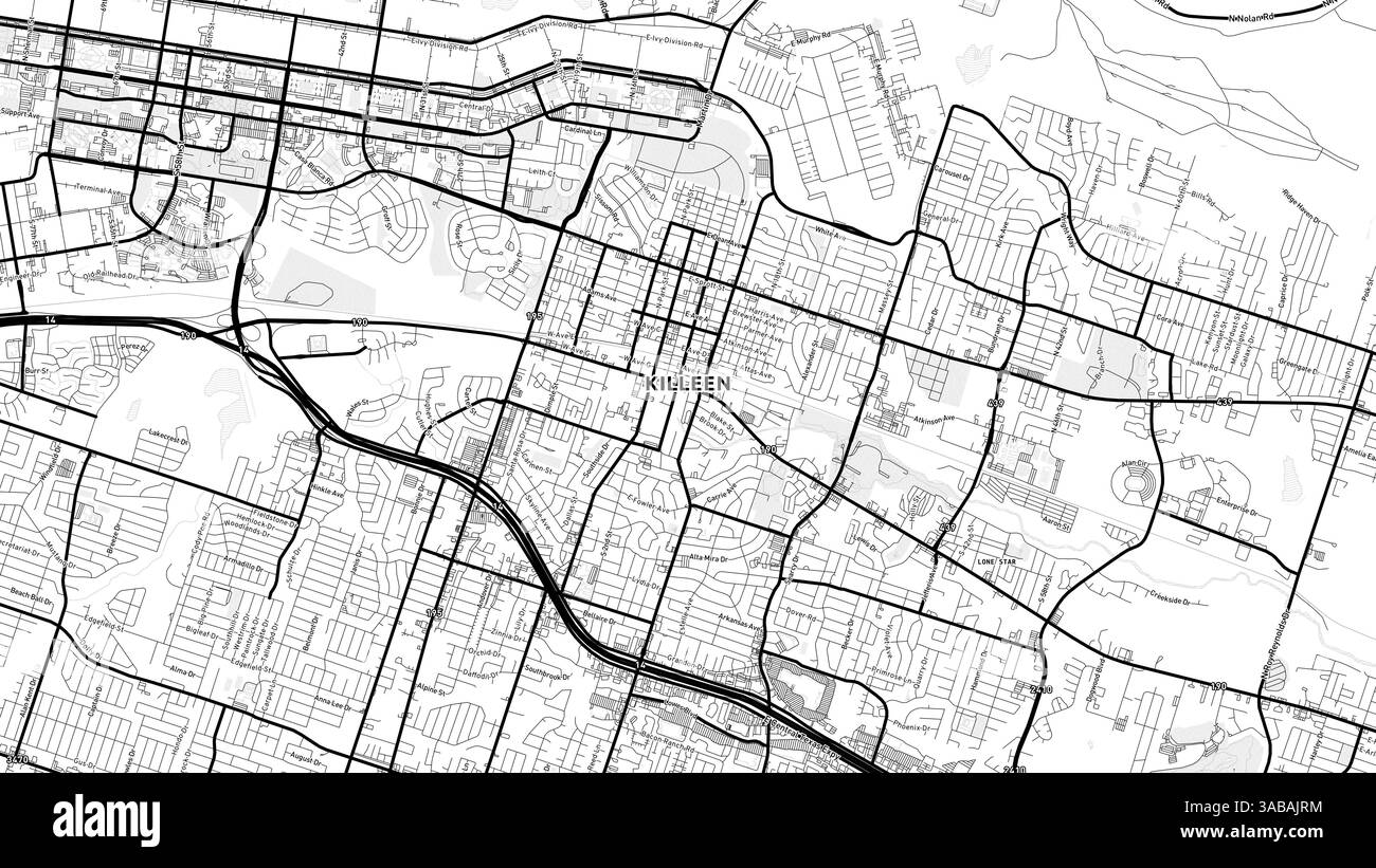 Minimalistische Killeen Street Map mit Labels und Stadtvierteln mit vielen Details für städtische Straßen, Wege und Flecken. Stockfoto