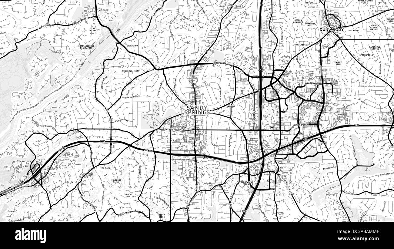 Minimalistische Sandy Springs Street Map mit Labels und Stadtvierteln mit vielen Details für Stadtstraßen, Wege und Flecken. Stockfoto