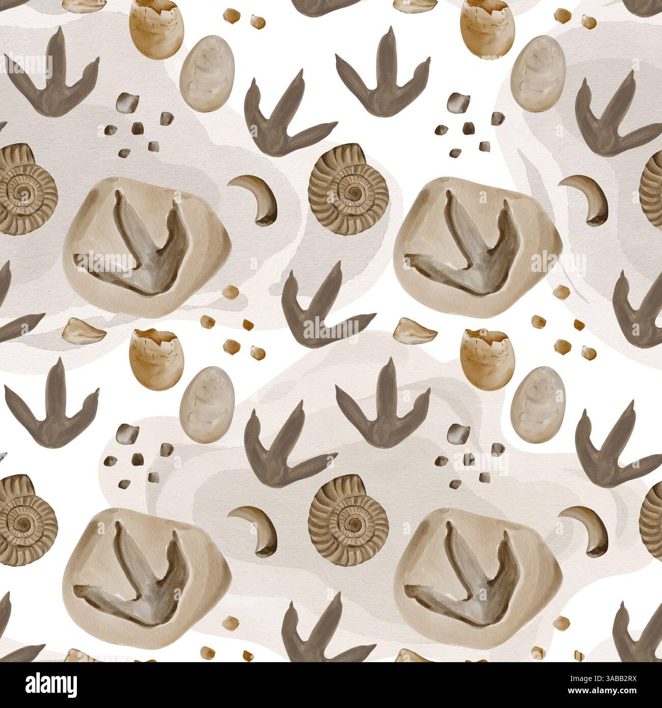 Nahtloses Muster mit Dinosaurier-Fußabdrücken. Alte Fossilien, Muscheln und Ammoniten. Dinosauriereier ganz und zerbrochen. Kieselsteine und Schalenfragmente Stockfoto