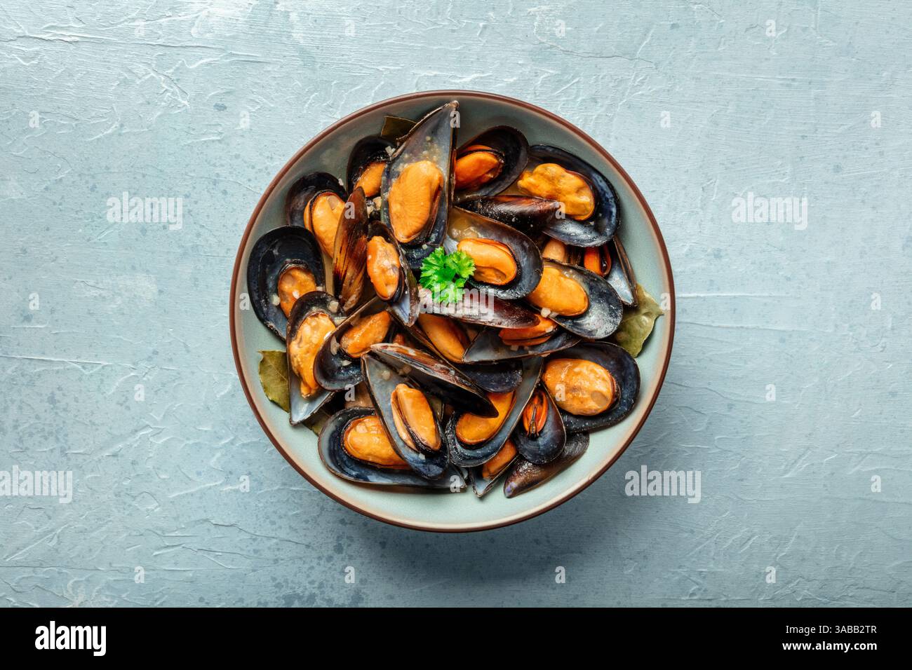 Muscheln, Moules Mariniere, Flachbild-Lay-Shot auf Schiefergrund, Vorspeise mit Meeresfrüchten Stockfoto