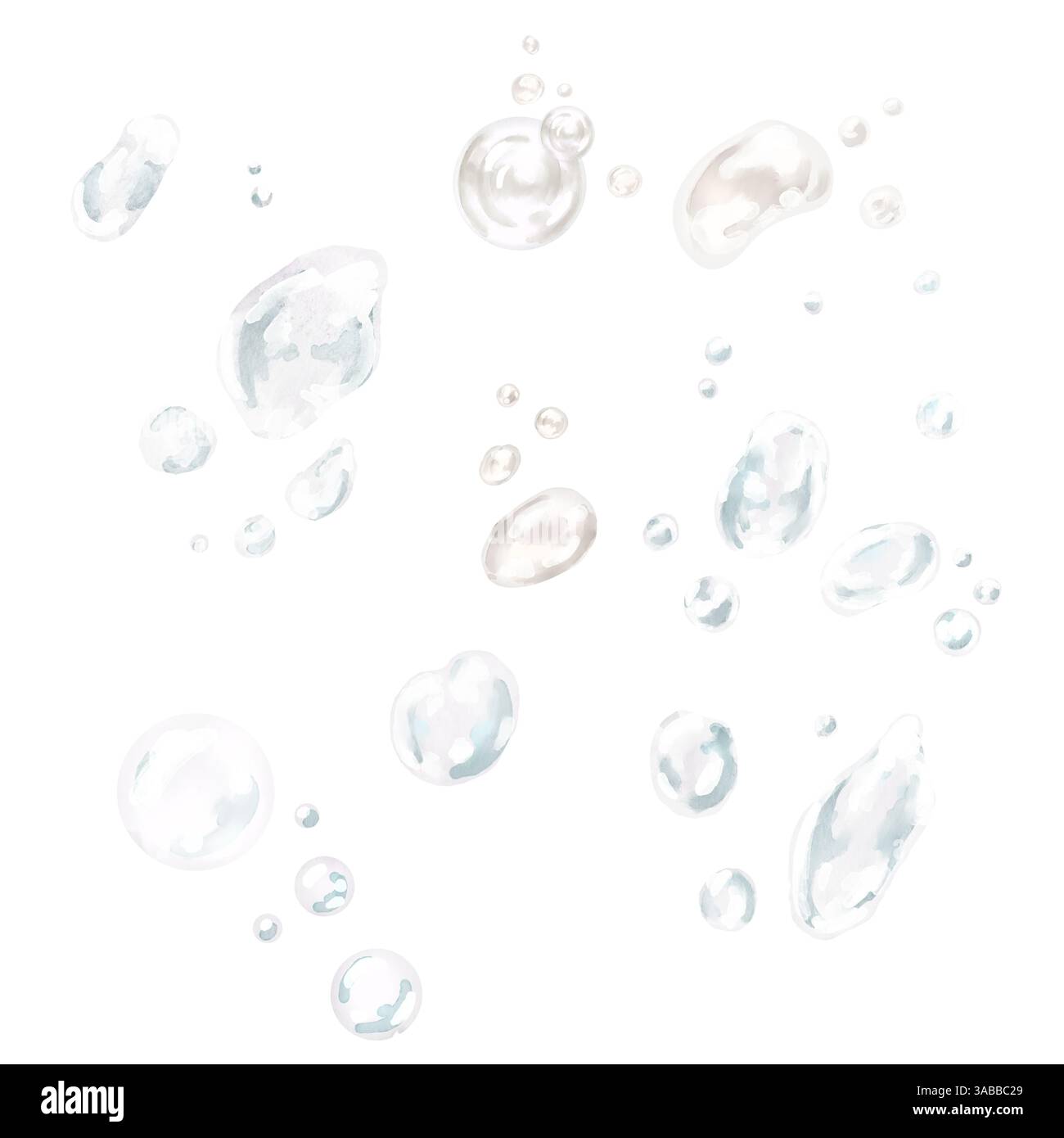 Luftblasen in der Wassersäule. Aquarellabbildung in digitaler Form. Die an die Oberfläche aufsteigenden Sauerstoffblasen werden auf weißem Hintergrund isoliert Stockfoto