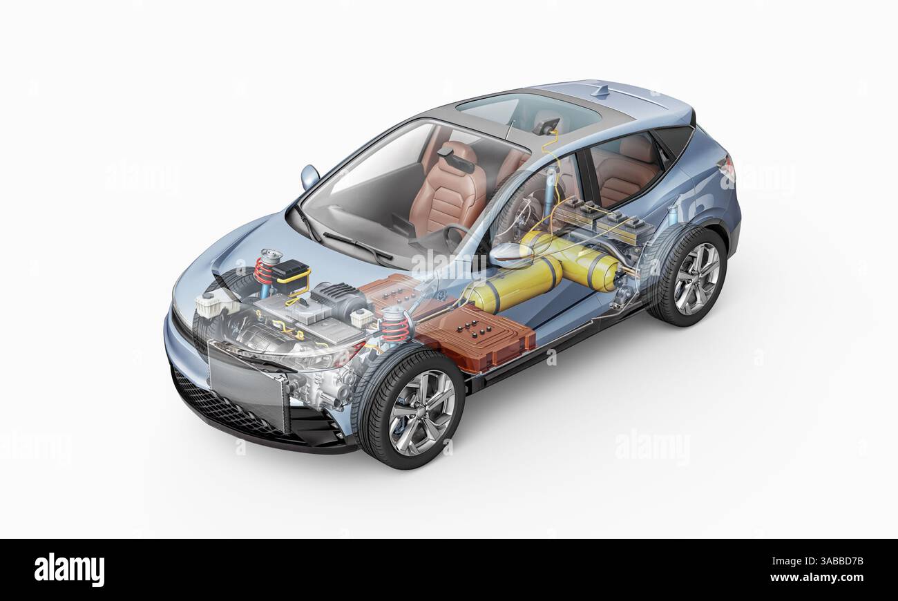 Wasserstoff-Kraftstoff-generisches Cutaway-3D-Rendering mit allen wichtigen Details des HV-Systems im Geistereffekt. Perspektivische Vogelperspektive auf weißem Hintergrund Stockfoto