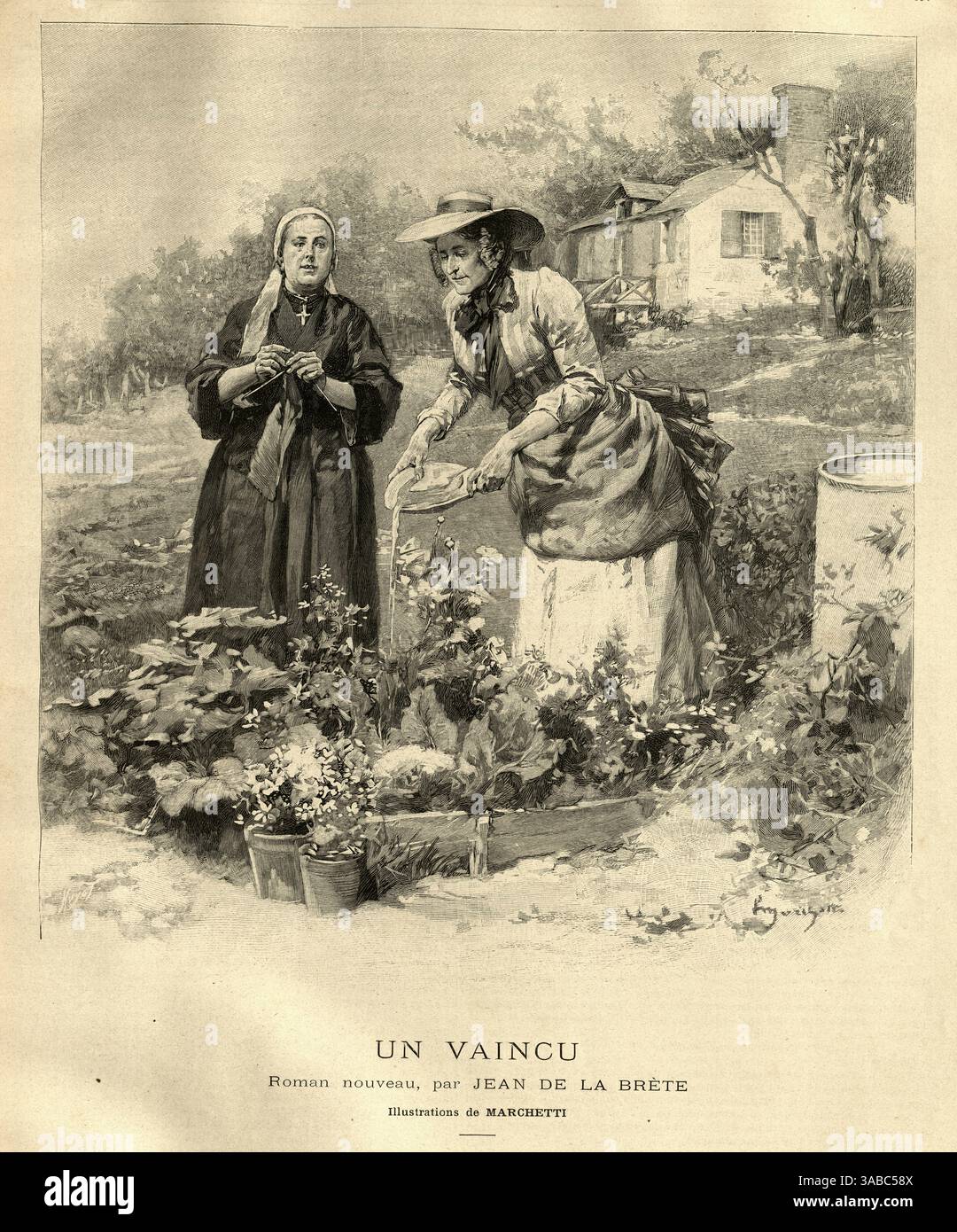 Reife Frau und Nonne, Klostergarten, Gartenarbeit, Bewässerungspflanzen, Französisch, Frankreich, alte Vintage-Illustration, 1890er Jahre 19. Jahrhundert. Szene aus UN Vaincu von Jean de La Brete Stockfoto