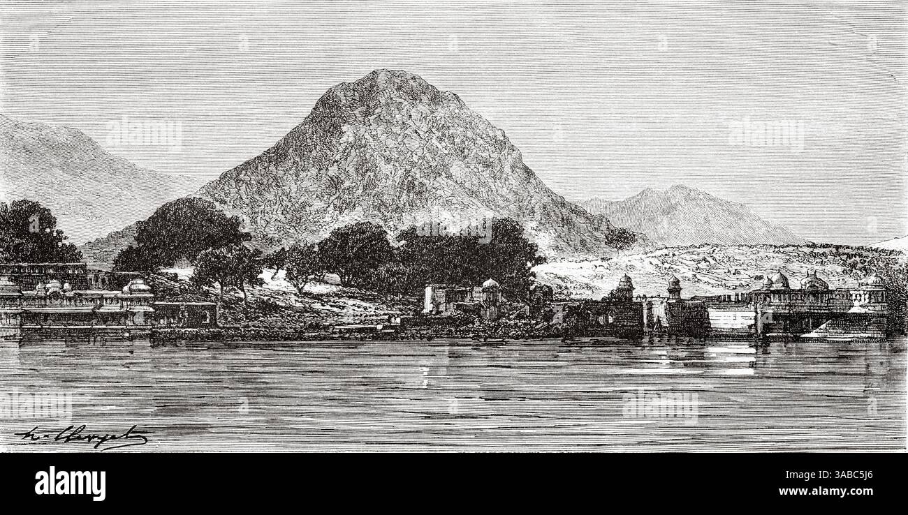 Pushkar Lake, heiliger See der Hindus. Pushkar, Bezirk Ajmer. Rajasthan, Indien. Zeichnung von Hubert Clerget (1818–1899) Indien der Rajahs 1864–1868. Reisen in Zentralindien und in die Präsidentschaften von Bombay und Bengalen von Louis Rousselet (1845–1929) Le Tour du Monde 1872 Stockfoto