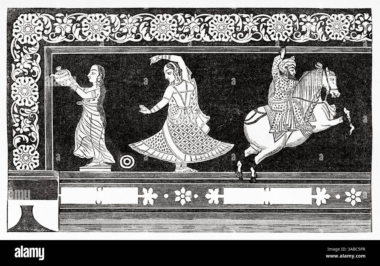 Fresko im Shish Mahal in Rajgarh, Indien. Zeichnen durch Raps. Indien der Rajahs 1864 - 1868. Reisen in Zentralindien und in die Präsidentschaften von Bombay und Bengalen von Louis Rousselet (1845–1929) Le Tour du Monde 1872 Stockfoto