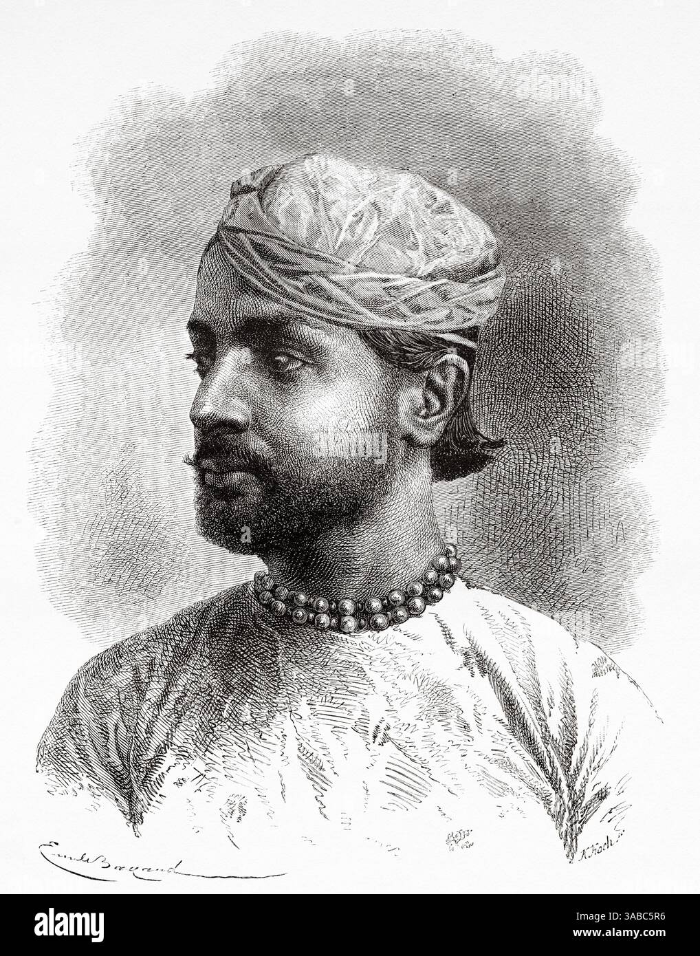 Porträt von Sheodan Singh Prabhakar, Raja von Alwar. Rajasthan, Indien. Zeichnung von Emile Bayard (1837–1891) Indien der Rajahs 1864–1868. Reisen in Zentralindien und in die Präsidentschaften von Bombay und Bengalen von Louis Rousselet (1845–1929) Le Tour du Monde 1872 Stockfoto