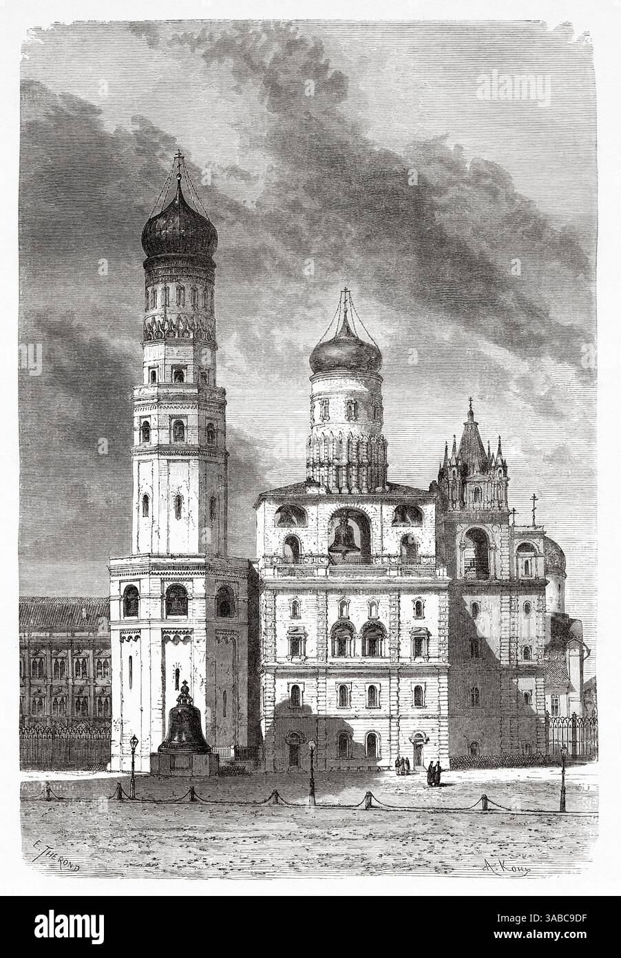 Der Iwan der große Glockenturm ist ein Kirchturm im Moskauer Kreml, Russland. Zeichnung von Emile Therond (182-1883) Reise ins freie Russland 1869 von William Hepworth Dixon. Le Tour du Monde 1872 Stockfoto