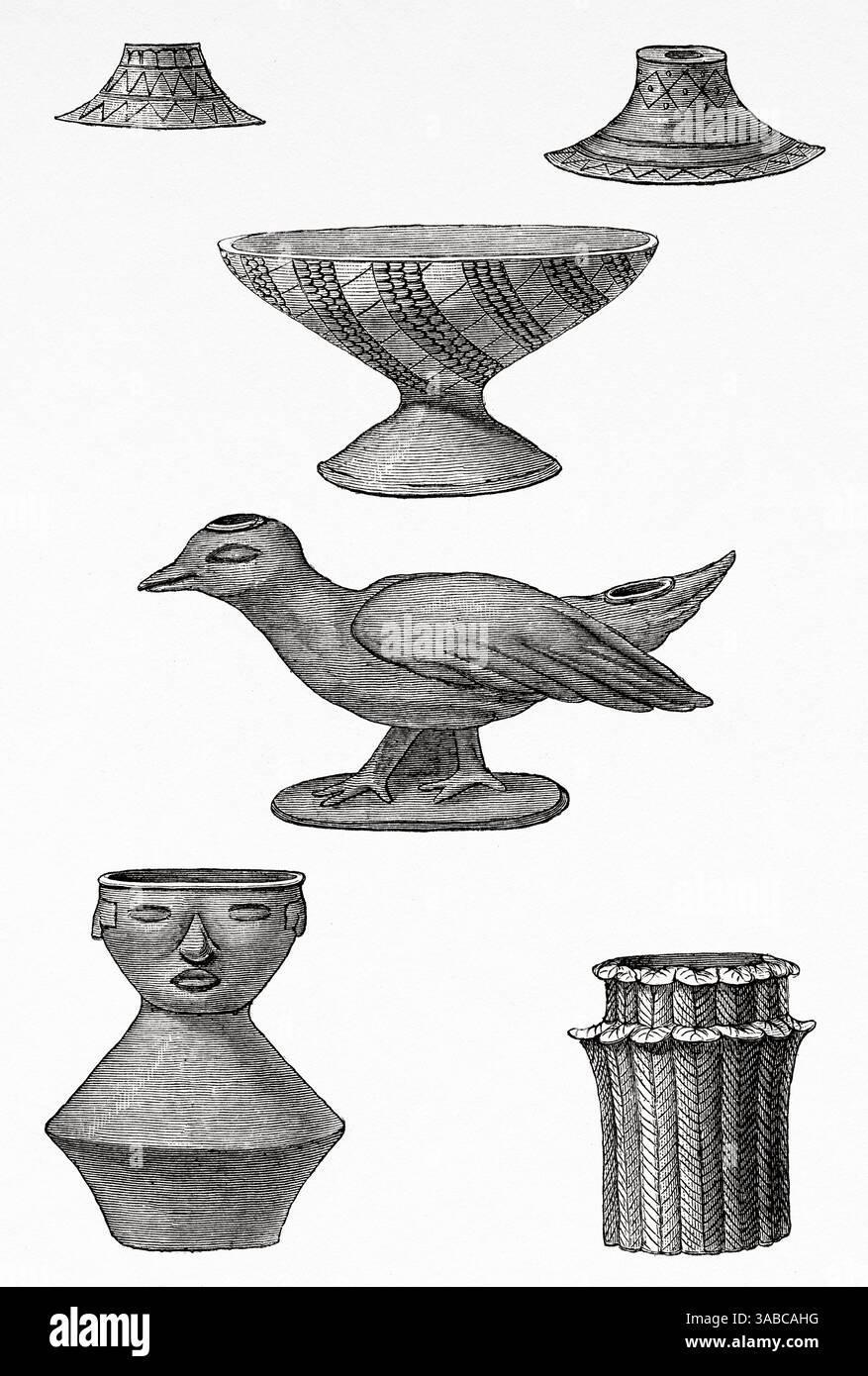 Tongegenstände in den Gräbern von Turbaco, Departement Bolivar, Kolumbien. Südamerika. Zeichnung von Benoit Bonnafoux (1823-1885) Reise nach New Grenada, 1869 von Charles Saffray (1833-1890) Le Tour du Monde 1872 Stockfoto
