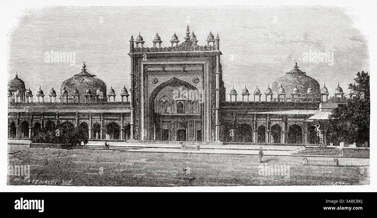 Jama Masjid Moschee. Moschee der Einheit der Religionen, Fatehpur Sikri, Landkreis Agra von Uttar Pradesh, Indien. Zeichnung von Catenacci. Indien der Rajahs 1864 - 1868. Reisen in Zentralindien und in die Präsidentschaften von Bombay und Bengalen von Louis Rousselet (1845–1929) Le Tour du Monde 1872 Stockfoto