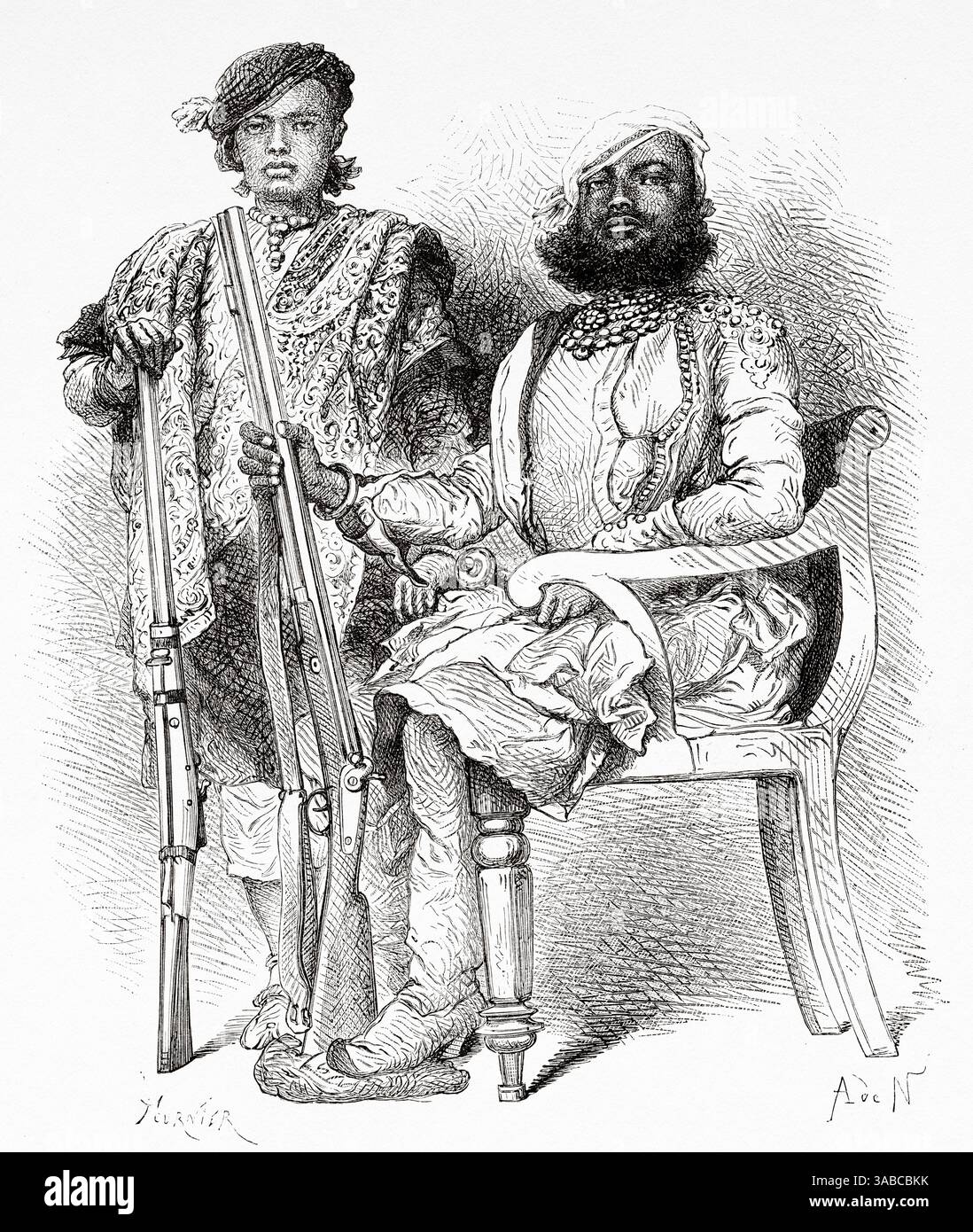 Porträt der edlen Dholepor-Charaktere, Indien. Zeichnung von Alphonse de Neuville (1835–1885) Indien der Rajahs 1864–1868. Reisen in Zentralindien und in die Präsidentschaften von Bombay und Bengalen von Louis Rousselet (1845–1929) Le Tour du Monde 1872 Stockfoto