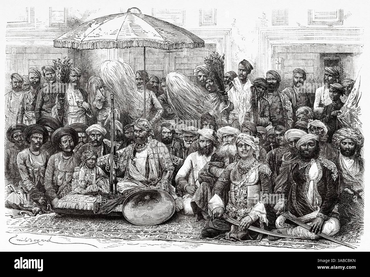 Darbar von Maharaj Rana Königreich von Dholepore. Rajasthan, Indien. Zeichnung von Emile Bayard (1837–1891) Indien der Rajahs 1864–1868. Reisen in Zentralindien und in die Präsidentschaften von Bombay und Bengalen von Louis Rousselet (1845–1929) Le Tour du Monde 1872 Stockfoto